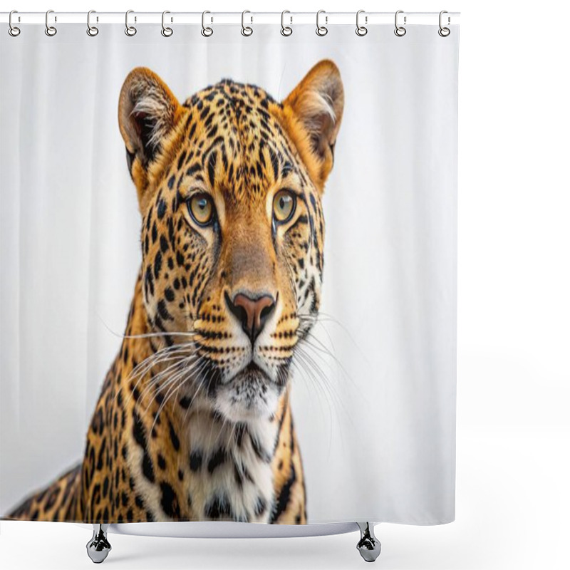 Personality  Portrait Of Leopard Standing A Looking Away Proudly, Panthera Pardus, Against White Background Shower Curtains