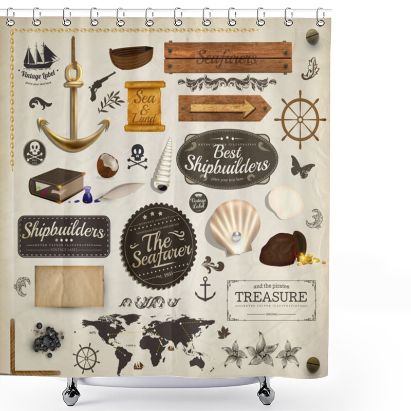 Personality  Scrapbooking Kit: Marine Holiday Elements Collection. Ship, Map, Moorings, Seashells With Pearl And Wood Banners Set. Old Paper Texture And Retro Frames. Shower Curtains