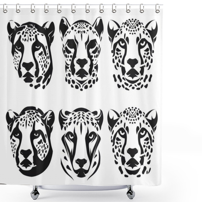 Personality  Stylized Black And White Illustrations Of Cheetah Faces In Various Expressions Showcasing Their Majestic Features. Shower Curtains