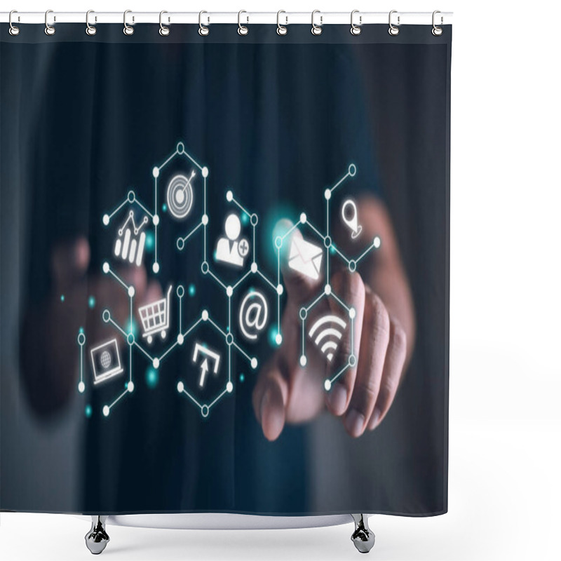 Personality  Businessman Touching Point Virtual To Target Customer. Notification Social Multimedia Icons Internet Connection Application Digital Network Marketing Online Communication. Information And Targeting. Shower Curtains