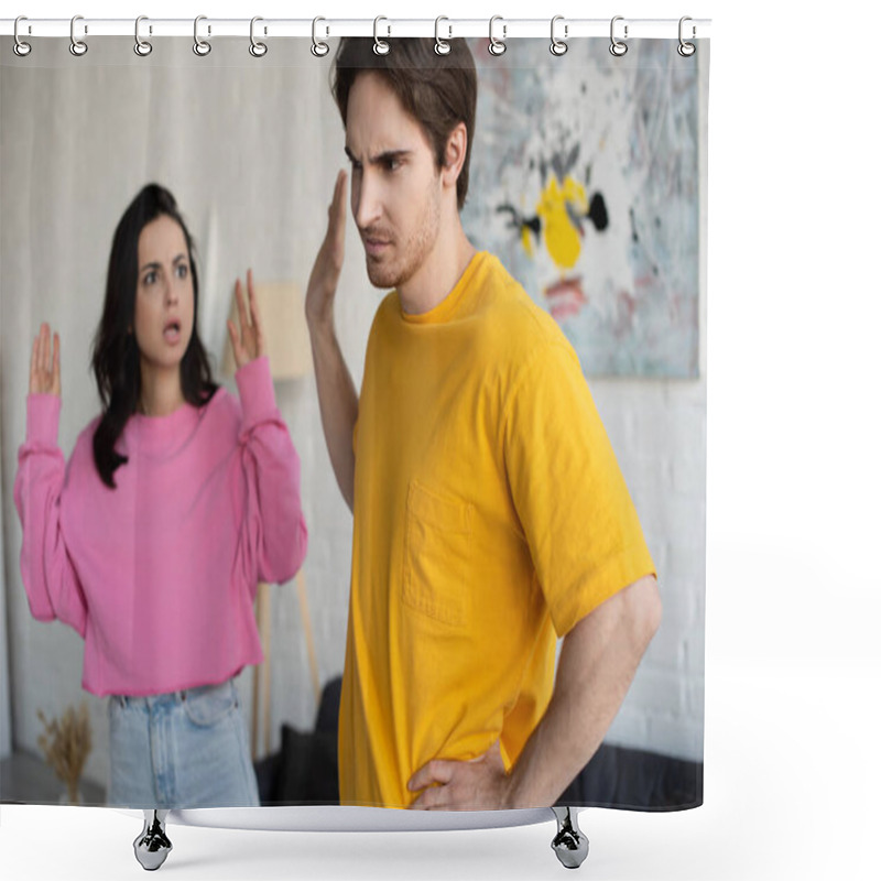 Personality  Angry Young Woman Shouting With Hands In Air Near Boyfriend With Refuse Gesture In Living Room Shower Curtains