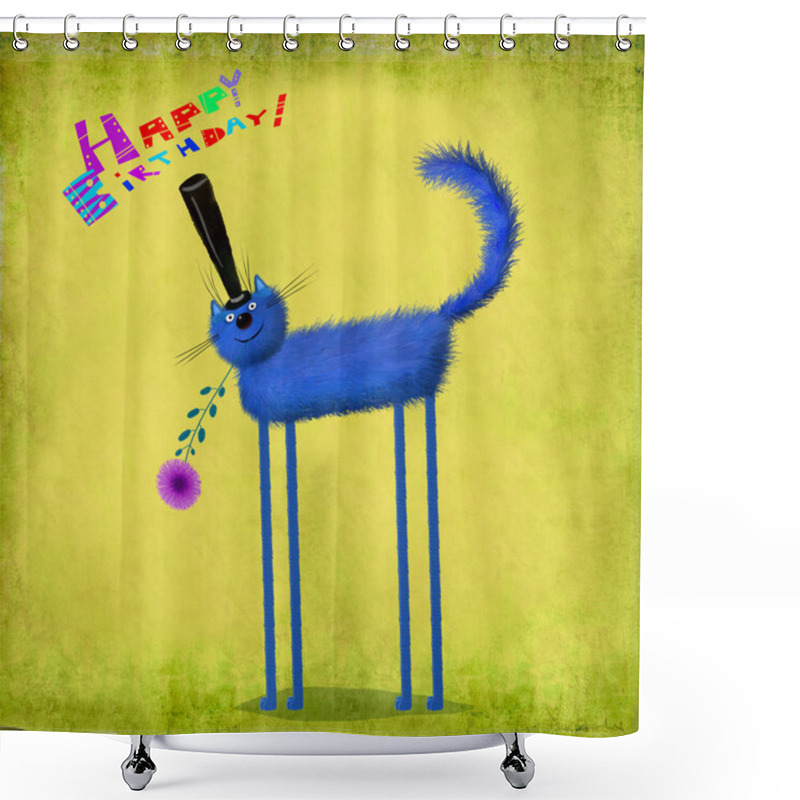 Personality  Birthday Card Blue Cat In Top Hat Holding Flower  Shower Curtains