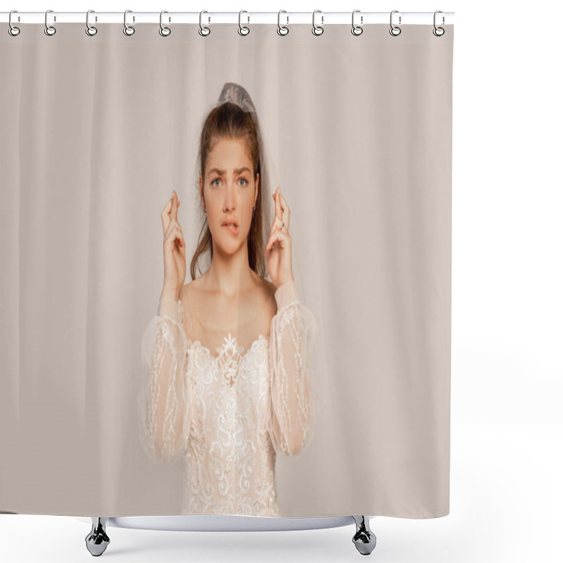 Personality  Worried Woman In Wedding Dress With Crossed Fingers Isolated On Grey  Shower Curtains