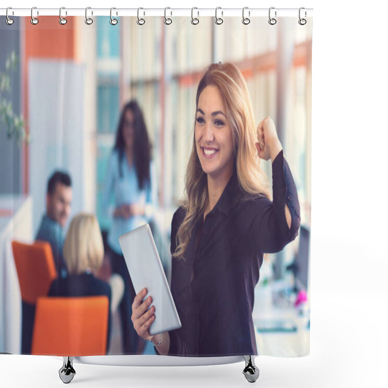 Personality  Portrait Of Happy Businesswoman Holding Digital Tablet In Office Standing In Front Of Colleagues Discussing At Background Shower Curtains