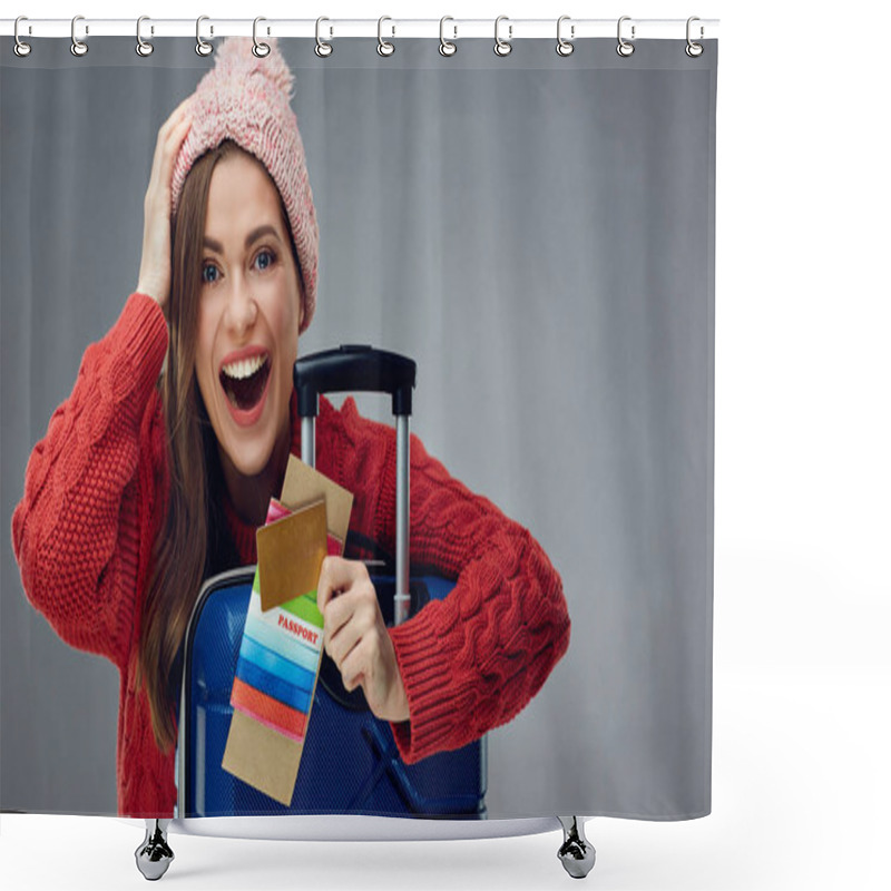 Personality  Happy Woman With Travel Case Holding Passport, Ticket And Credit Shower Curtains