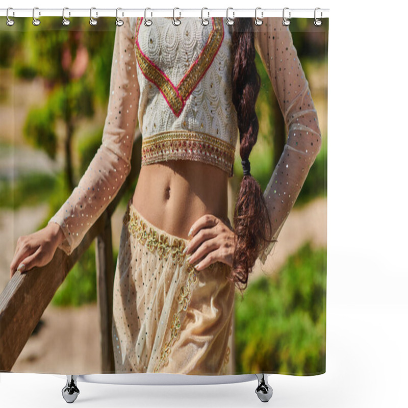 Personality  Cropped View Of Indian Woman In Traditional Clothes Standing With Hand On Hip In Summer Park Shower Curtains