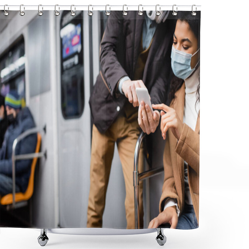 Personality  African American Woman In Medical Mask Pointing With Finger At Smartphone In Hand Of Man In Subway Shower Curtains