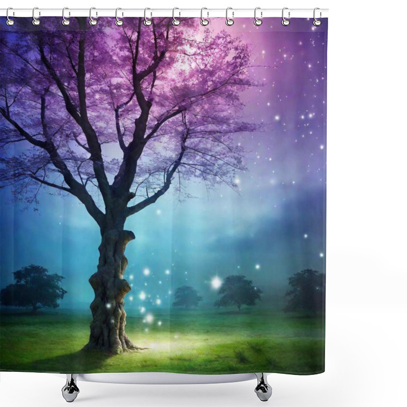 Personality  Create An Ethereal Tree In A Mystical Scene, Adorned With Beautiful, Glowing Lights. The Tree Should Have Delicate, Translucent Leaves And A Magical Aura, With Soft, Shimmering Lights Casting An Enchanting Glow. Surround It With A Misty Shower Curtains