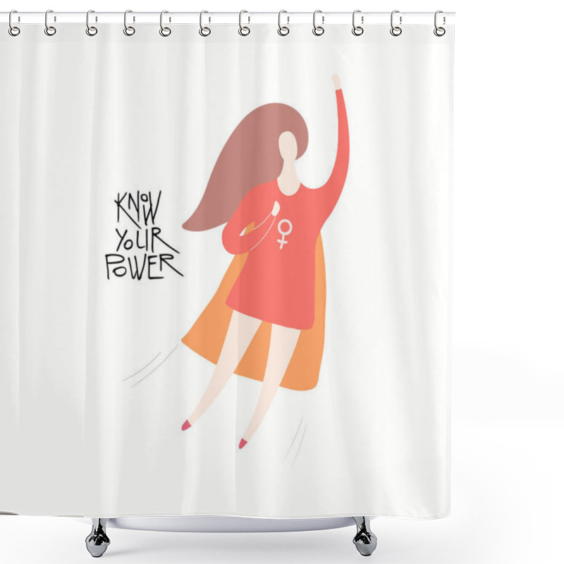 Personality  Hand Drawn Vector Illustration Of A Happy Woman Superhero Flying, With Quote Know Your Power, Vector Illustration, Concept For Feminism And Women Day  Shower Curtains