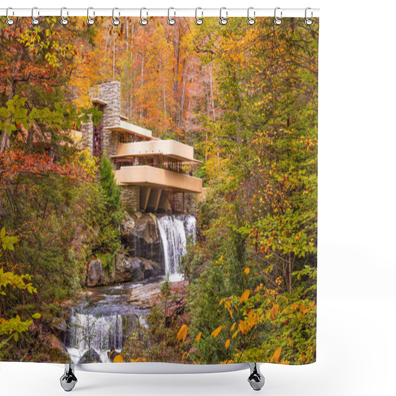 Personality  MILL RUN, PENNSYLVANIA, USA - OCTOBER 24, 2017: Fallingwater Over Bear Run Waterfall In The Laurel Highlands Of The Allegheny Mountains. Shower Curtains