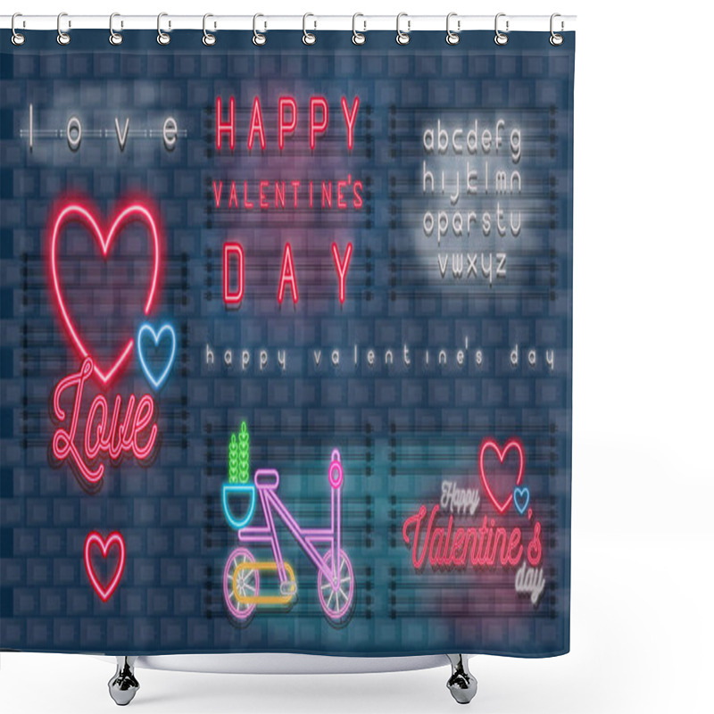 Personality  Modern Urban Design Of Neon Glowing Sign With Heart Shape For Valentines Day Greeting And Fluorescent Alphabet. Retro Bright Signboard, Light Banner On Brick Wall. Vector Illustration. Shower Curtains