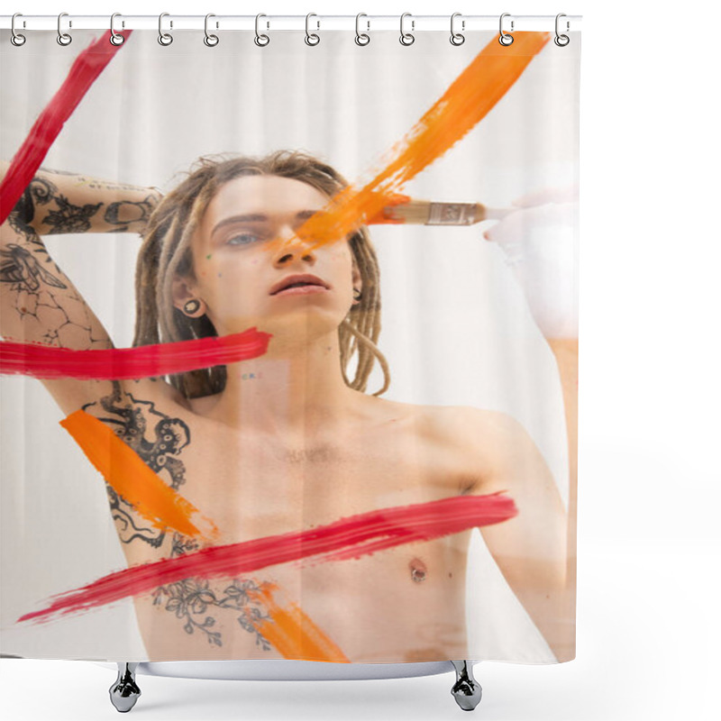 Personality  Young Tattooed Queer Person Painting On Transparent Surface With Paintbrush On White Background Shower Curtains