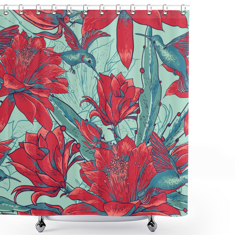 Personality  Seamless Background Flowers And Hummingbirds Shower Curtains