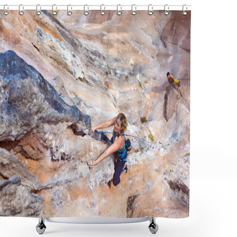 Personality  Woman Climber Hanging On Vertical Rocky Wall Her Partner Bleating And Watching Up Shower Curtains