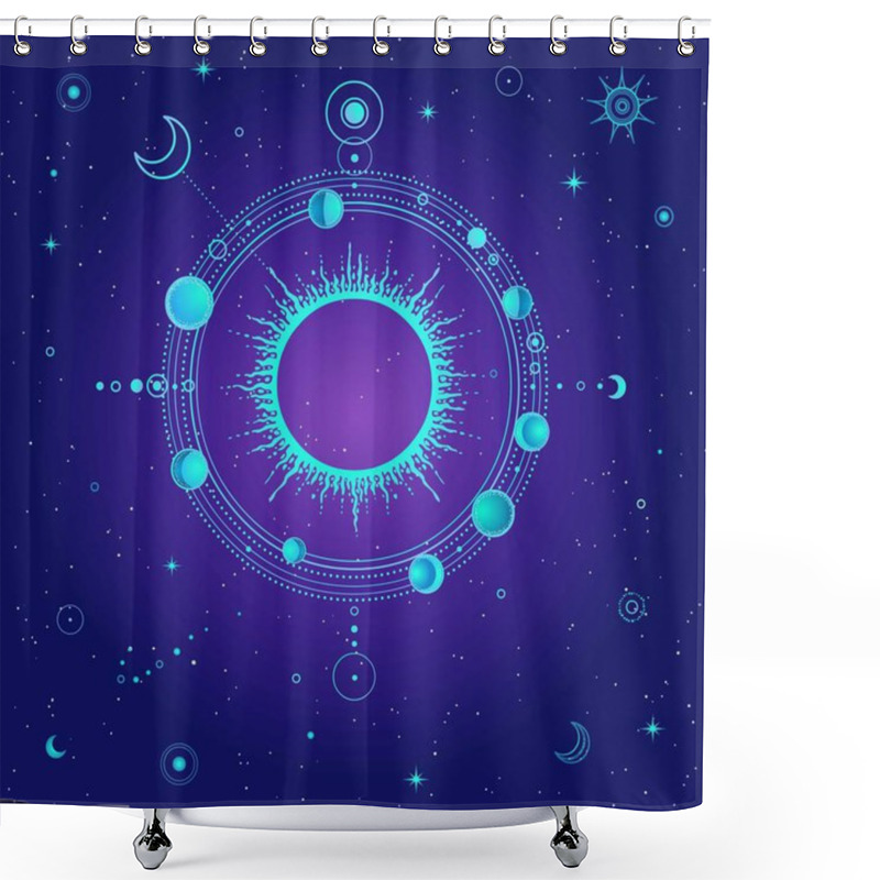 Personality  Mystical Drawing: Stylized Solar System, Moon Phases, Orbits Of Planets, Energy Circle. Sacred Geometry.  Background - Night Star Sky. Vector Illustration. Print, Poster, T-shirt, Card. Shower Curtains