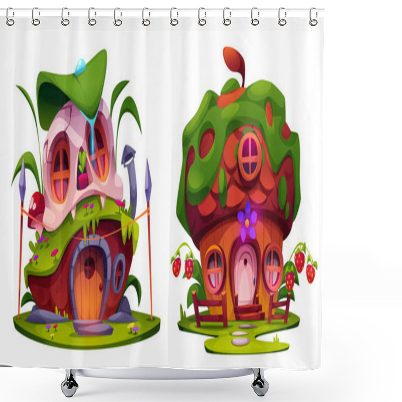 Personality  Fairytale Gnome Houses Set Isolated On White Background. Vector Cartoon Illustration Of Fantasy Dwarf Hut With Round Windows And Doors, Forest Cottage, Acorn, Grass, Mushroom And Flower Decoration Shower Curtains