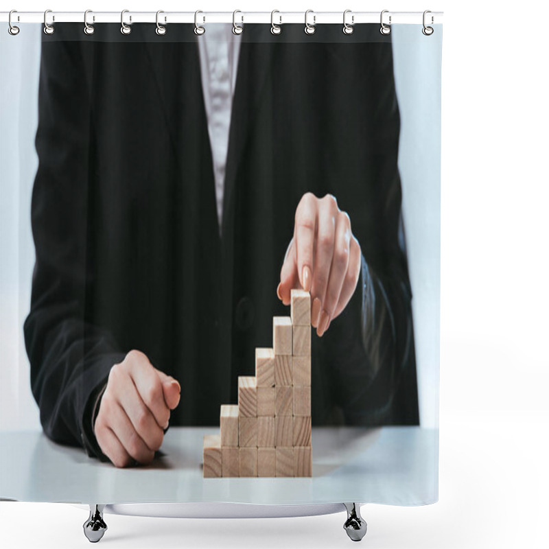 Personality  Cropped View Of Woman With Wooden Blocks Symbolizing Career Ladder Shower Curtains