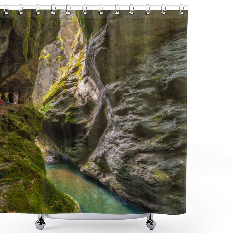 Personality  Tourists Walking Along A Wooden Pathway, Discovering The Stunning Tolmin Gorges In Slovenia, Surrounded By Lush Greenery And Flowing Water Shower Curtains