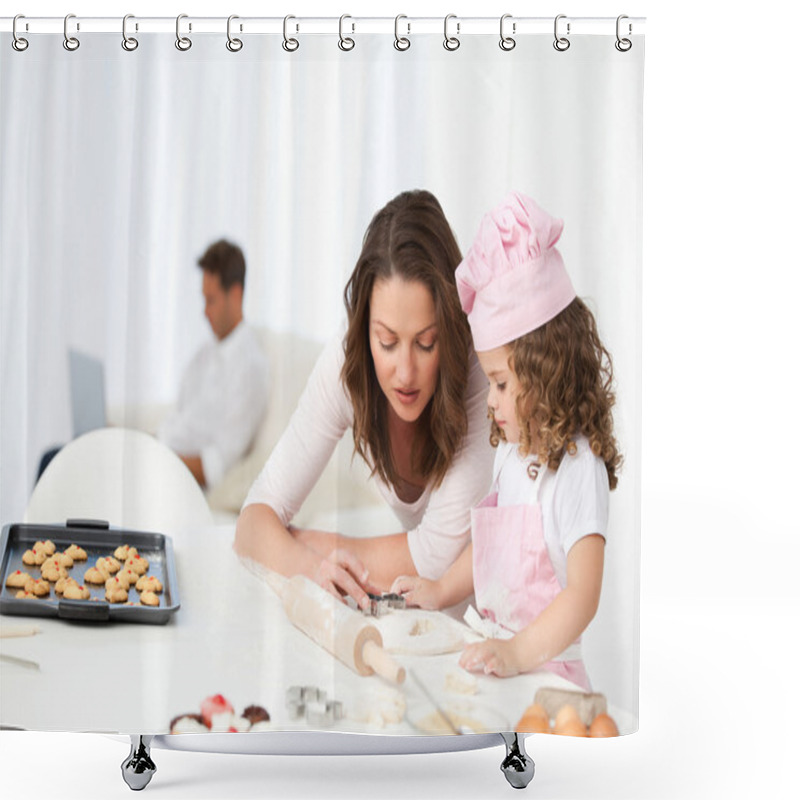 Personality  Mother And Daughter Cooking While Dad Relaxing On The Sofa Shower Curtains