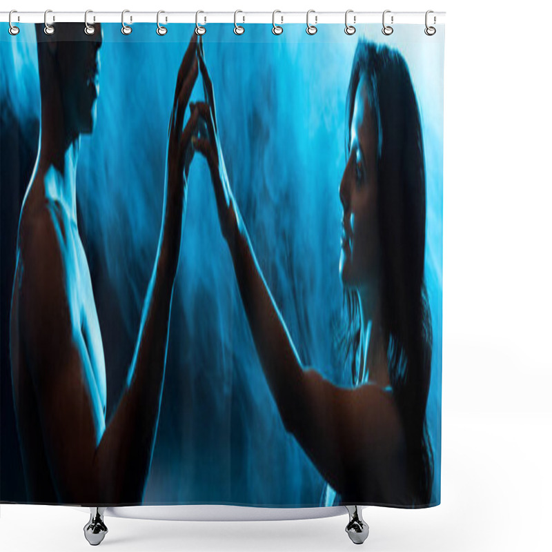 Personality  Panoramic Shot Of Young Woman In Bra Touching Hands With Sexy Muscular Mixed Race Man On Blue With Smoke  Shower Curtains