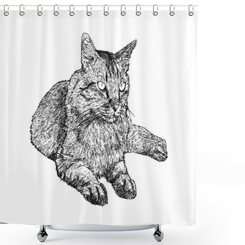 Personality  Sitting Cat , Hand Draw Sketch Vector. Shower Curtains