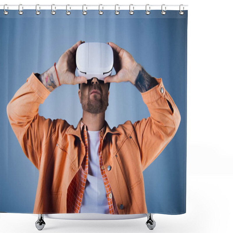 Personality  A Man In An Orange Shirt Raises A White Vr Headset Above His Head In A Studio Setting. Shower Curtains