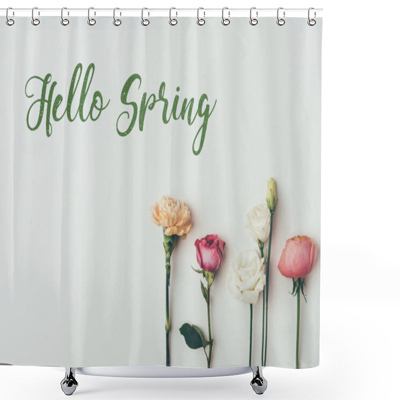 Personality  Beautiful Blossoming Flowers And Inscription Hello Spring On Grey Shower Curtains