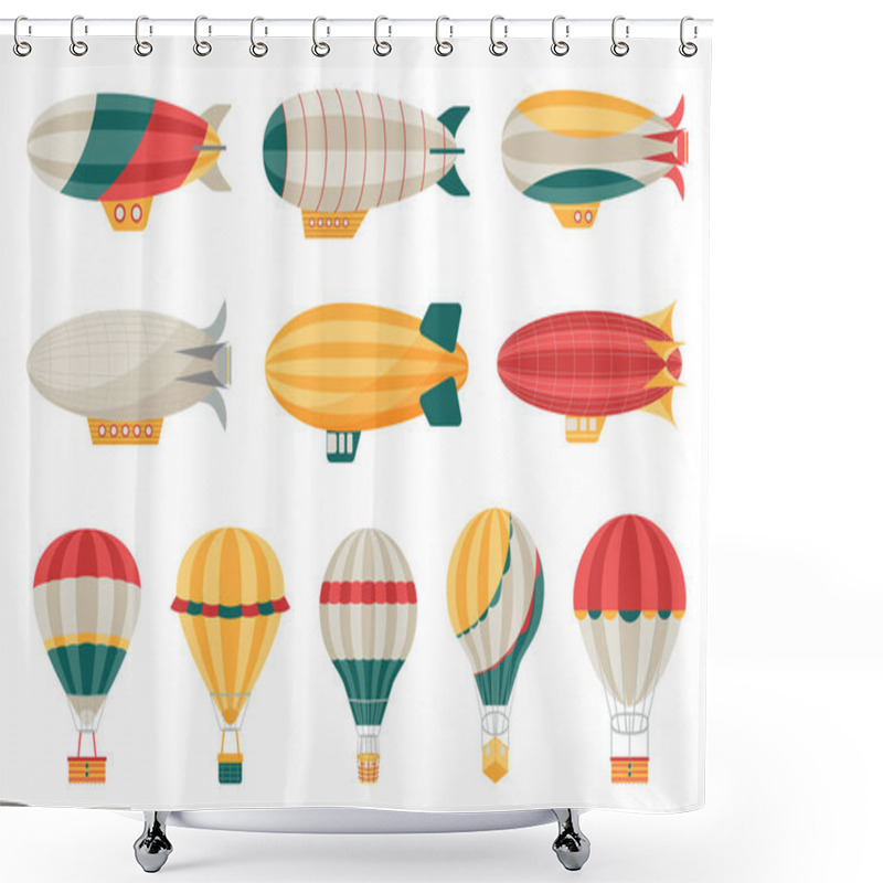 Personality  Cartoon Airship Mega Set Elements In Flat Design. Bundle Of Different Types And Colors Hot Air Balloons And Dirigibles. Vintage Aerial Transportation. Vector Illustration Isolated Graphic Objects Shower Curtains