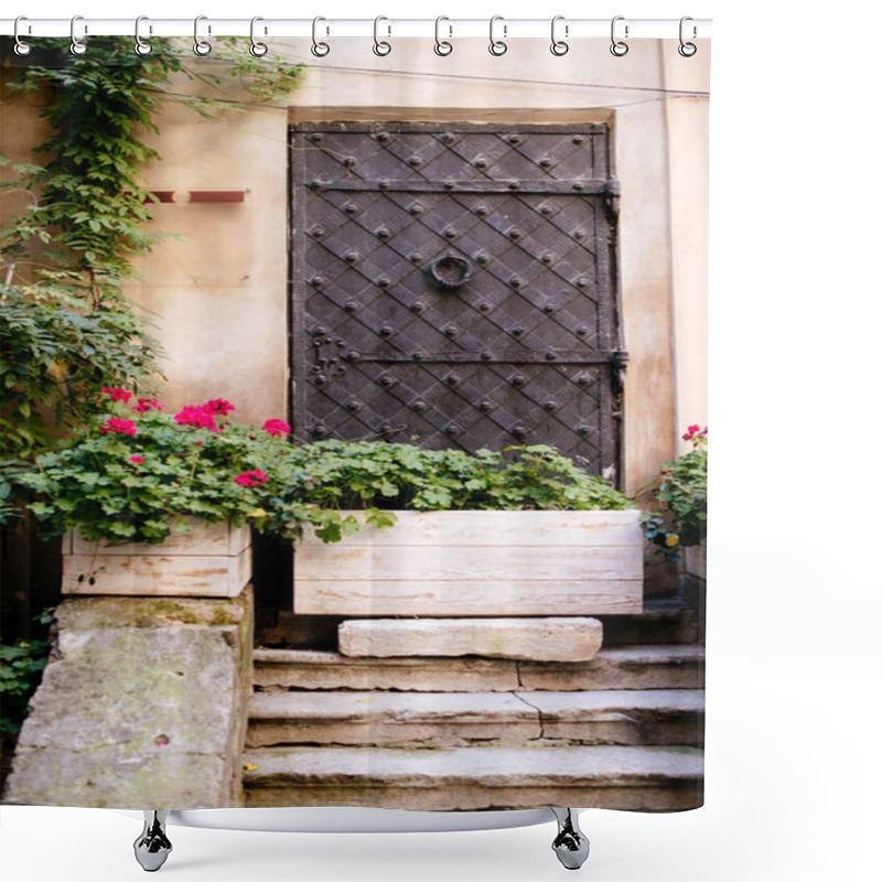 Personality  Facade Of Building With Stairs And Wooden Boxes With Plants Shower Curtains