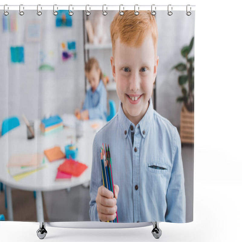 Personality  Selective Focus Of Happy Red Hair Boy With Pencils And Classmate At Table In Classroom  Shower Curtains