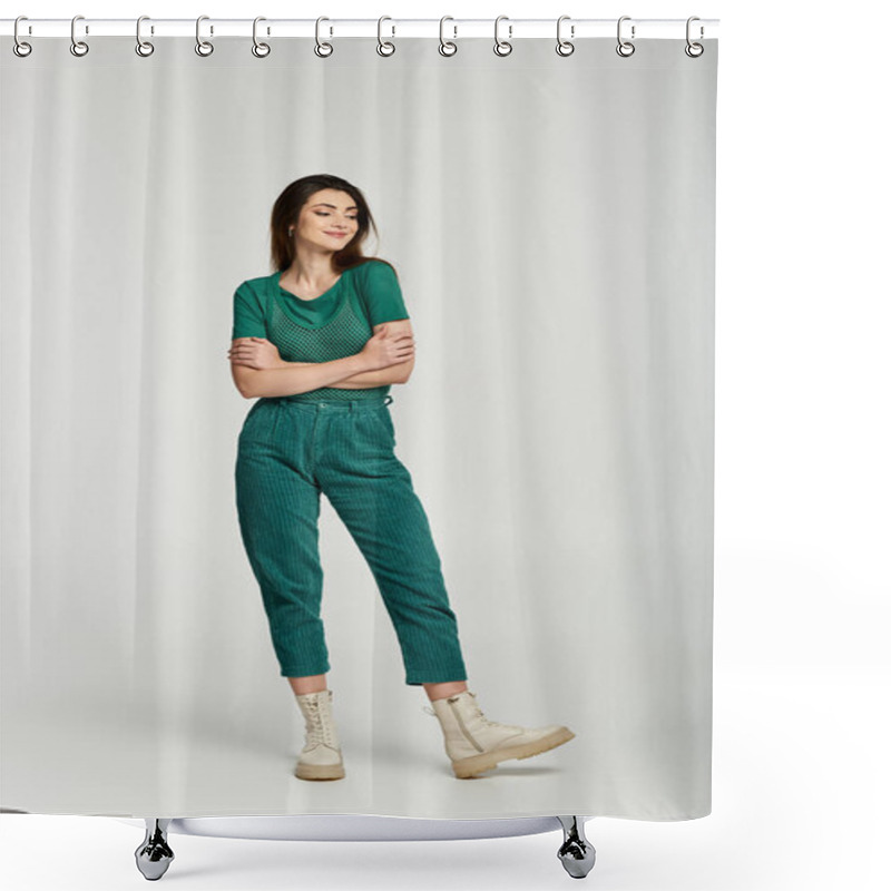 Personality  A Young Woman In A Green Corduroy Outfit And White Boots Stands Against A White Background. Shower Curtains