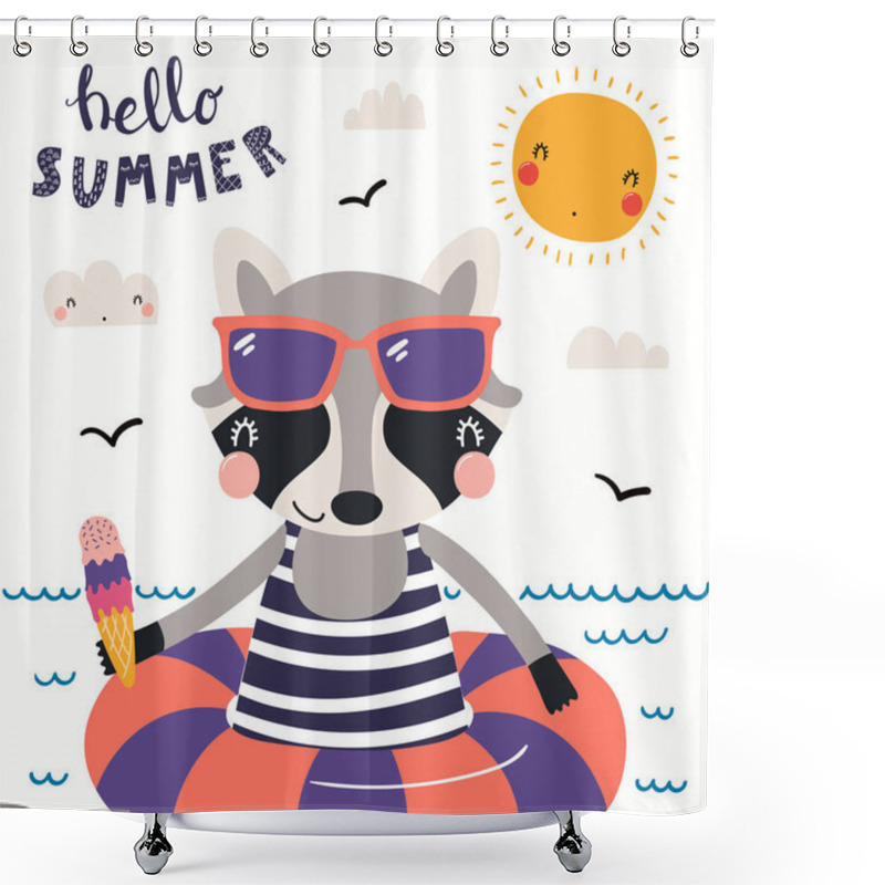 Personality  Hand Drawn Vector Illustration Of A Cute Raccoon Swimming, With Lettering Quote Hello Summer Isolated On White Background. Scandinavian Style Flat Design. Concept For Summer Children Print Shower Curtains