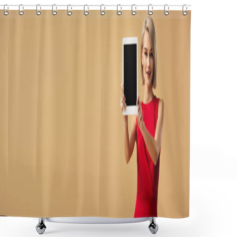 Personality  Panoramic Shot Of Woman In Red Dress Holding Digital Tablet With Blank Screen Isolated On Beige Shower Curtains