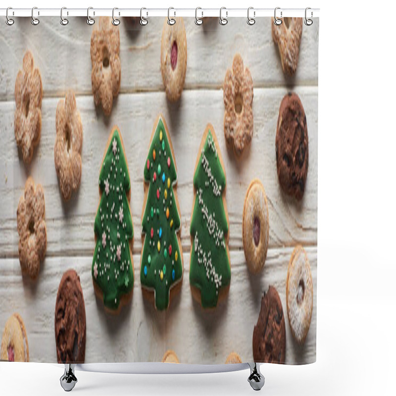 Personality  Top View Of Christmas Tree Cookies On Wooden White Table, Panoramic Shot Shower Curtains