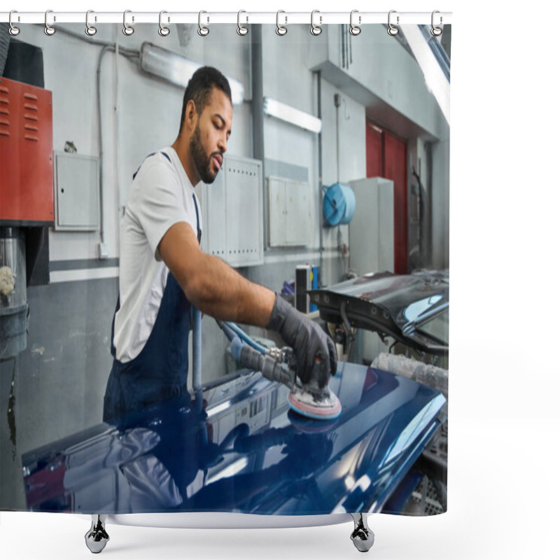 Personality  Handsome Mechanic Skillfully Polishes A Blue Vehicle Surface In A Busy Workshop Environment. Shower Curtains