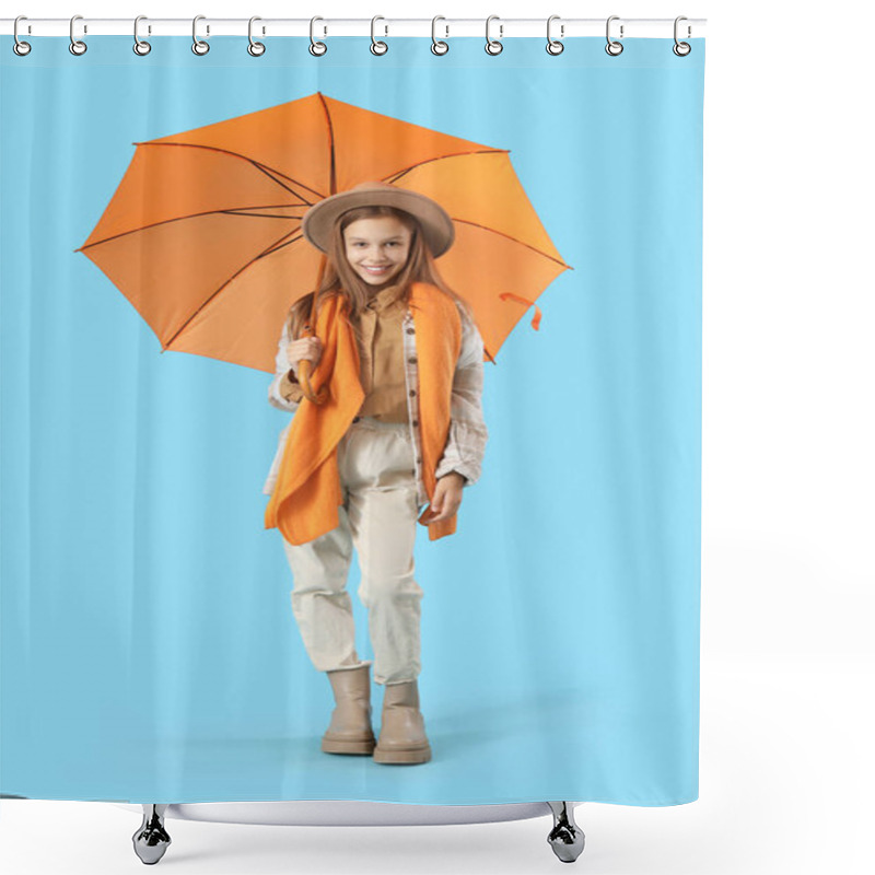 Personality  Cute Girl In Autumn Clothes With Umbrella On Blue Background Shower Curtains