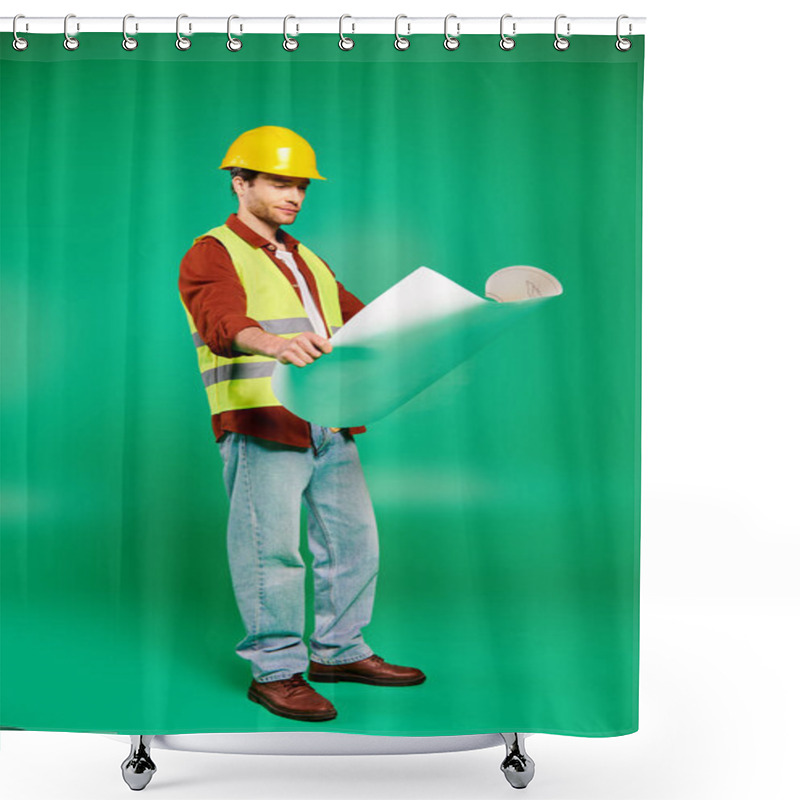 Personality  A Handsome Male Worker In A Hard Hat Holds A Piece Of Paper Against A Green Backdrop. Shower Curtains