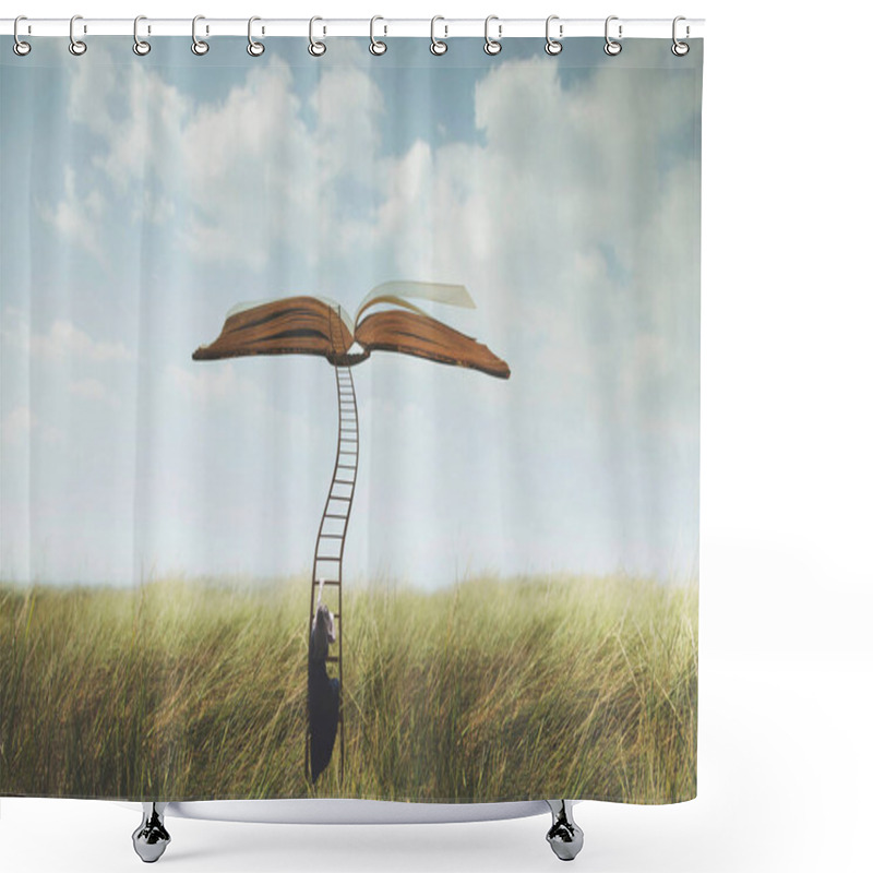 Personality  Success Concept, Surreal Woman Climbs A Strange Ladder To Reach An Open Book Suspended In The Sky Shower Curtains