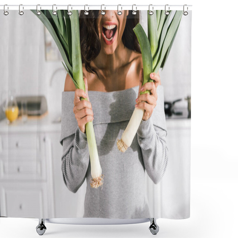 Personality  Cropped View Of Excited Woman Holding Leek In Kitchen  Shower Curtains