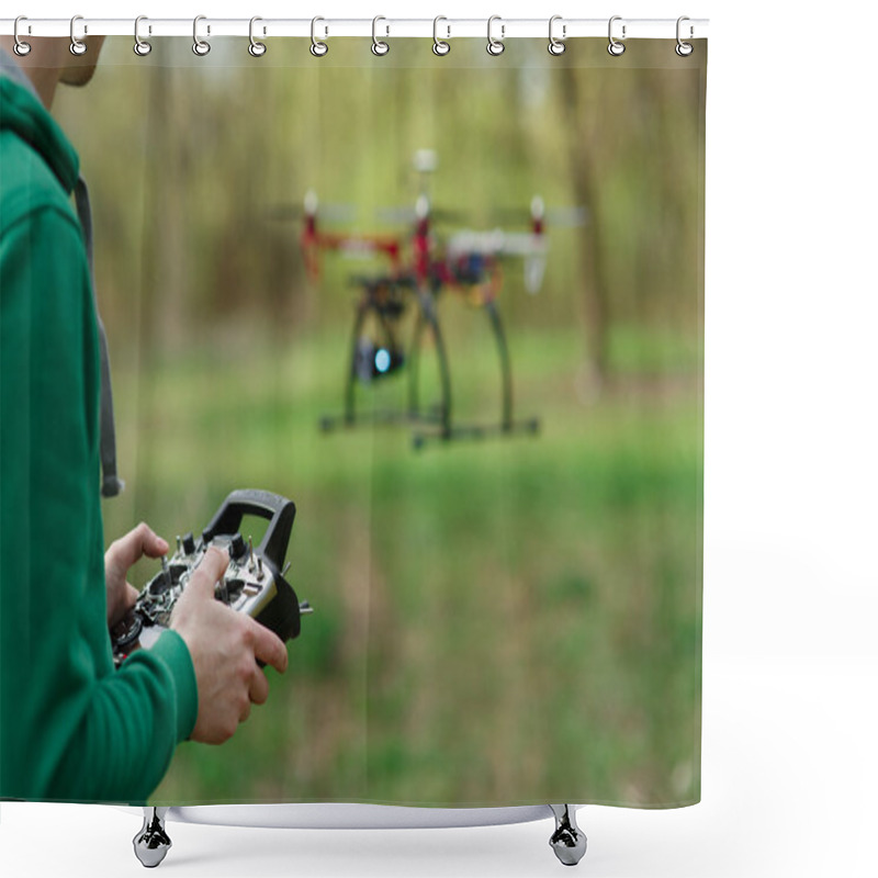 Personality  Man Controling A Drone. Shower Curtains