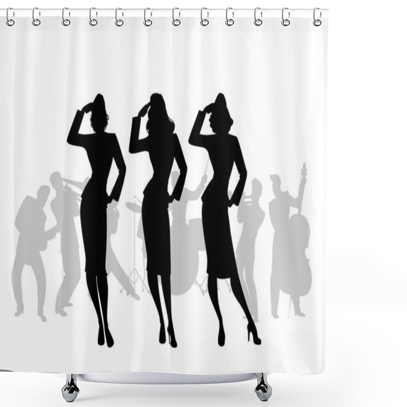 Personality  Silhouettes Of Three Army Girls In Retro Style Singing, Doing Military Salute. Swing Big Band On The Background Shower Curtains