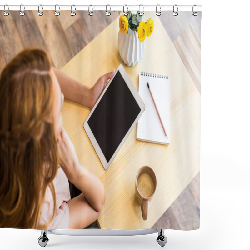 Personality  Woman With Digital Tablet In Cafe Shower Curtains