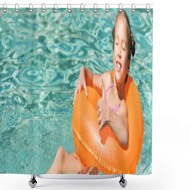 Personality  Horizontal Concept Of Joyful Girl Showing Thumb Up While Swimming In Pool On Inflatable Ring With Closed Eyes Shower Curtains