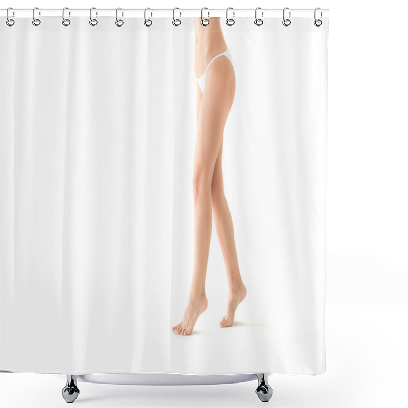 Personality  Cropped View Of Beautiful Girl Posing In White Bikini, Isolated On White With Copy Space Shower Curtains