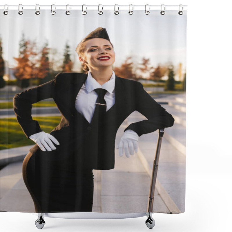 Personality  Happy Woman Stewardess In Uniform Posing At Camera Shower Curtains