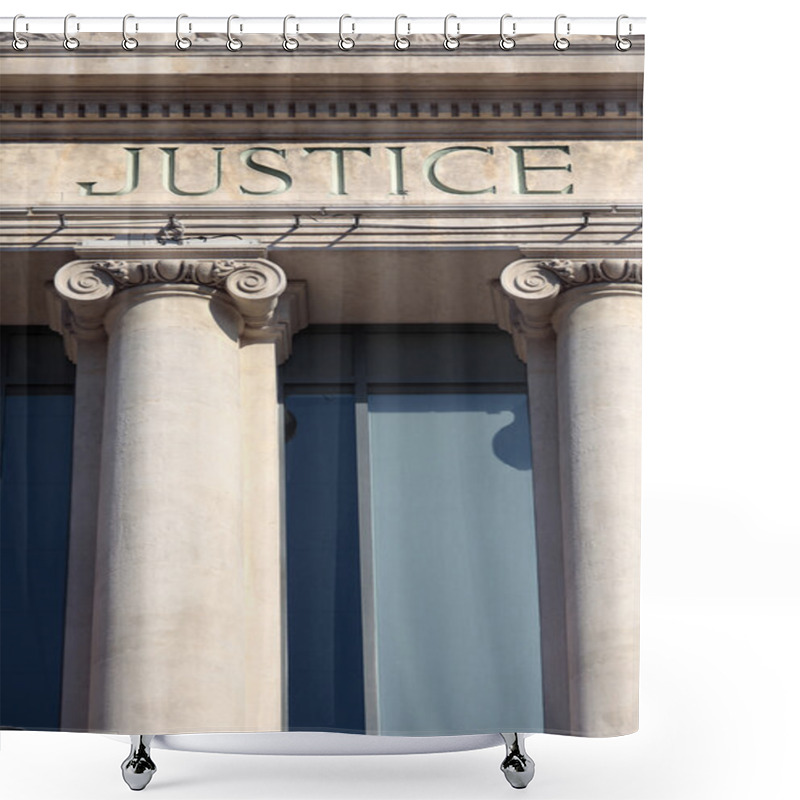 Personality  Justice Sign On A Courtroom Building. Shower Curtains