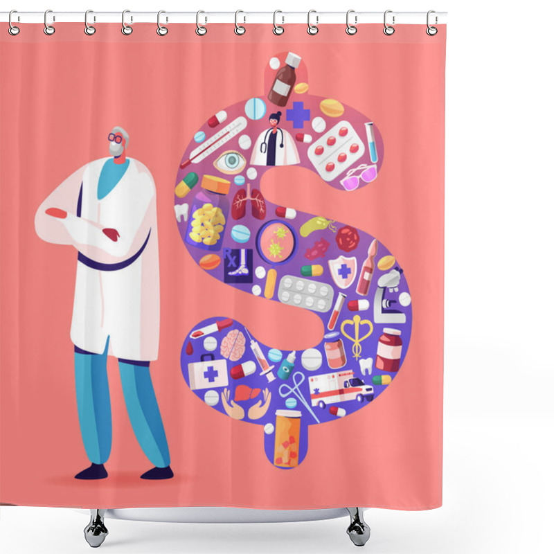 Personality  Senior Doctor Character Wearing White Robe Stand With Crossed Arms Near Huge Dollar Sign Made Of Medical Stuff, Drugs And Items. Medicine Price And Service Cost Concept. Cartoon Vector Illustration Shower Curtains