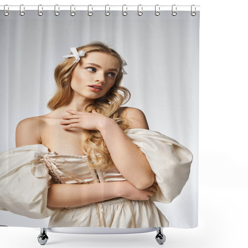 Personality  A Young Blonde Woman Exudes Elegance In A White Dress, Wearing A Delicate Bow In Her Hair. Shower Curtains