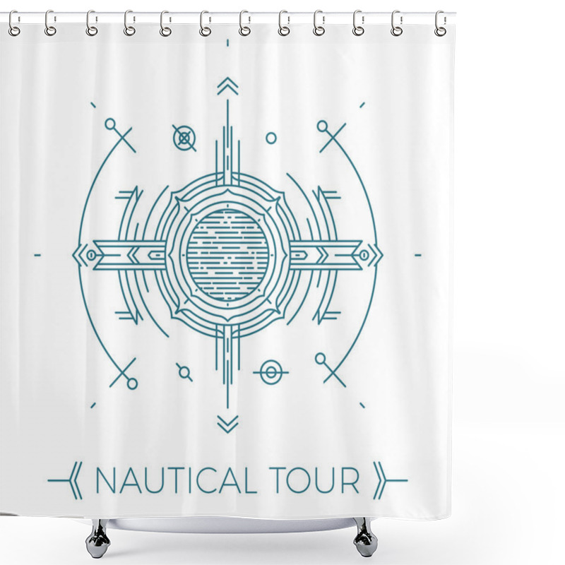 Personality  Modern Thin Line Nautical Illustration. Outline Sea Tour Logo. Simple Mono Linear Abstract Navy Design. Stroke Vector Hipster Concept. Shower Curtains