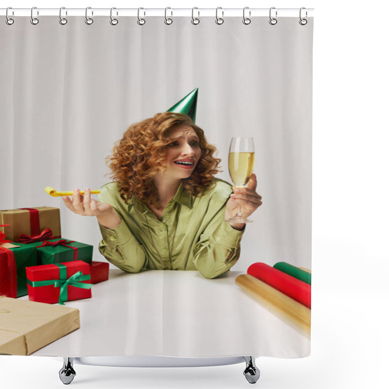 Personality  The Young Woman Enjoys A Festive Atmosphere While Celebrating. Shower Curtains